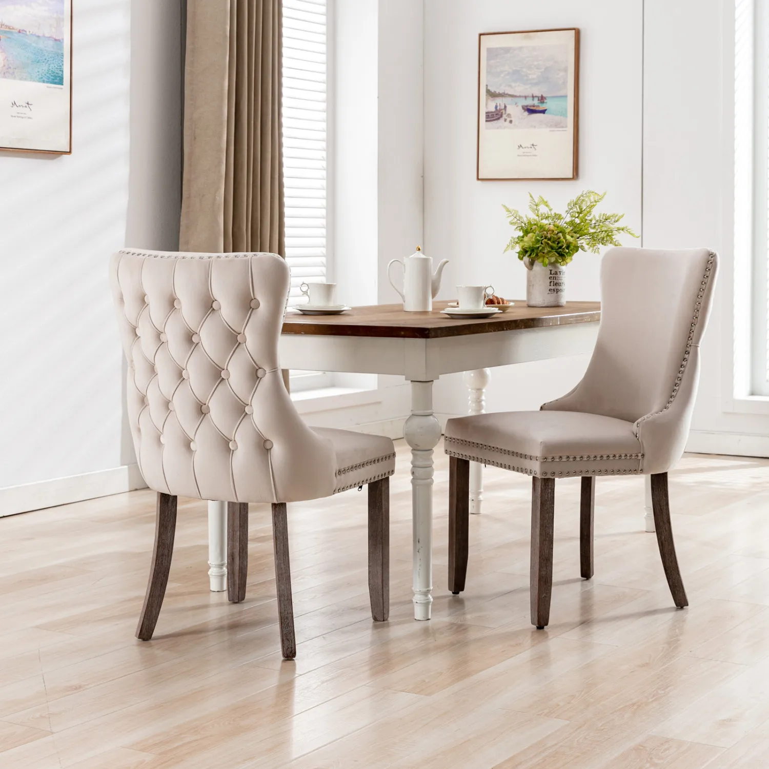 

A&A Furniture Upholstered Wing-Back Dining Chair Set of 2 Beige, Nailhead Trim, Solid Wood Legs
