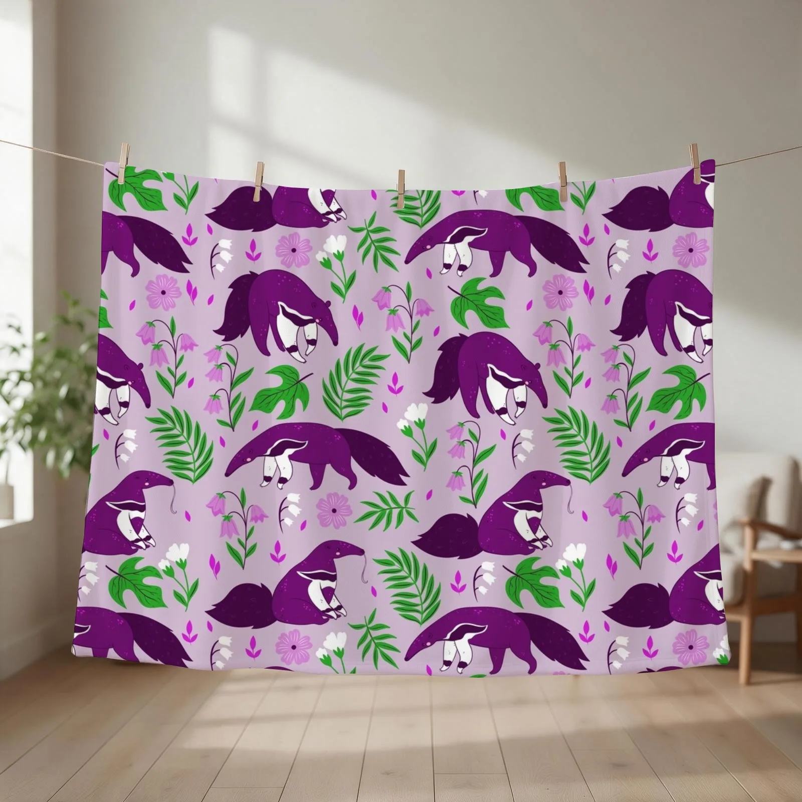 cute anteater purple floral Throw Blanket couch cozy soft plush fuzzy picnic outdoor blanket