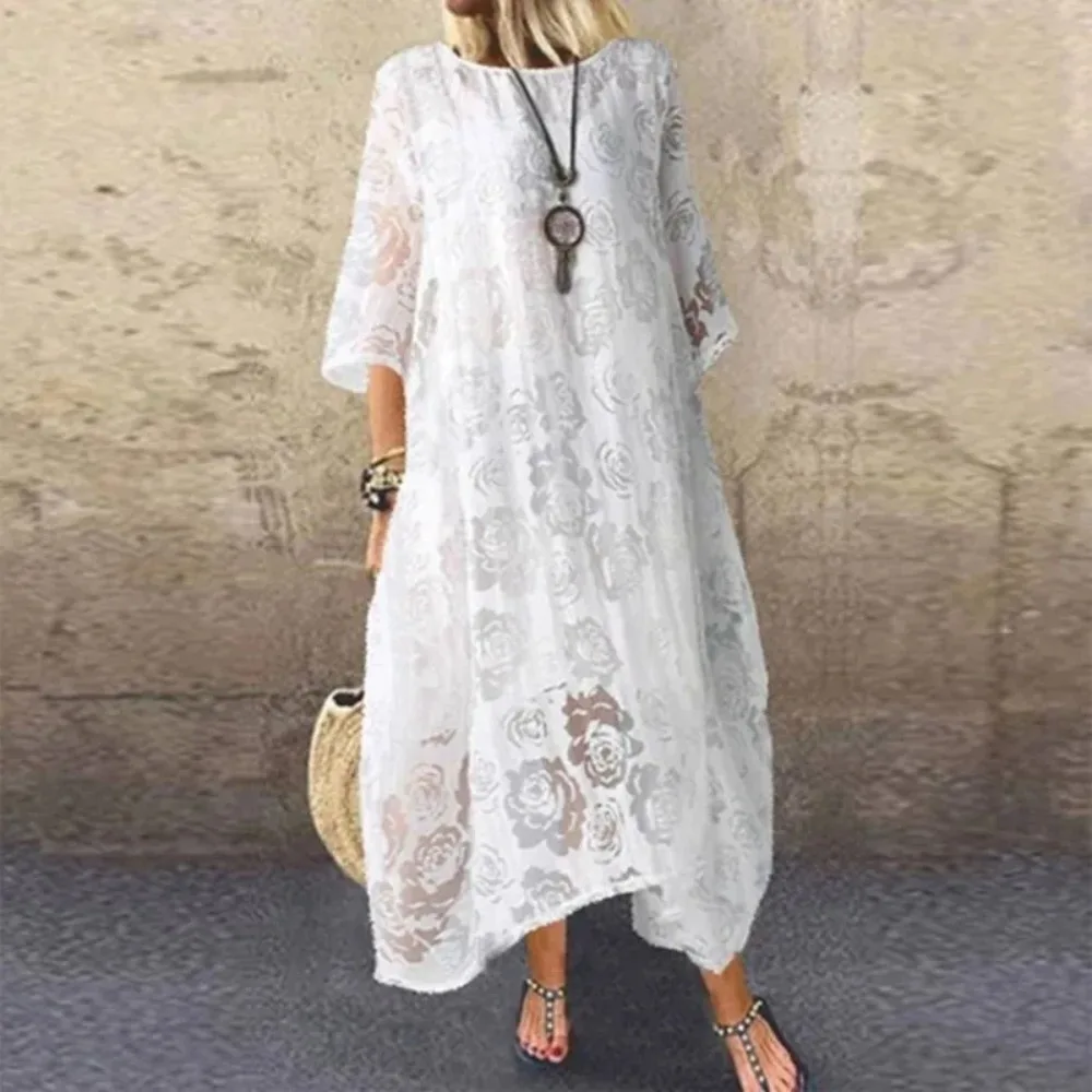 Damska sukienka L-5XL Plus Size Summer Round Neck Short Sleeve Lace Long Dress Vintage Handmade Hollow Flower Dress Lace Loose Casual