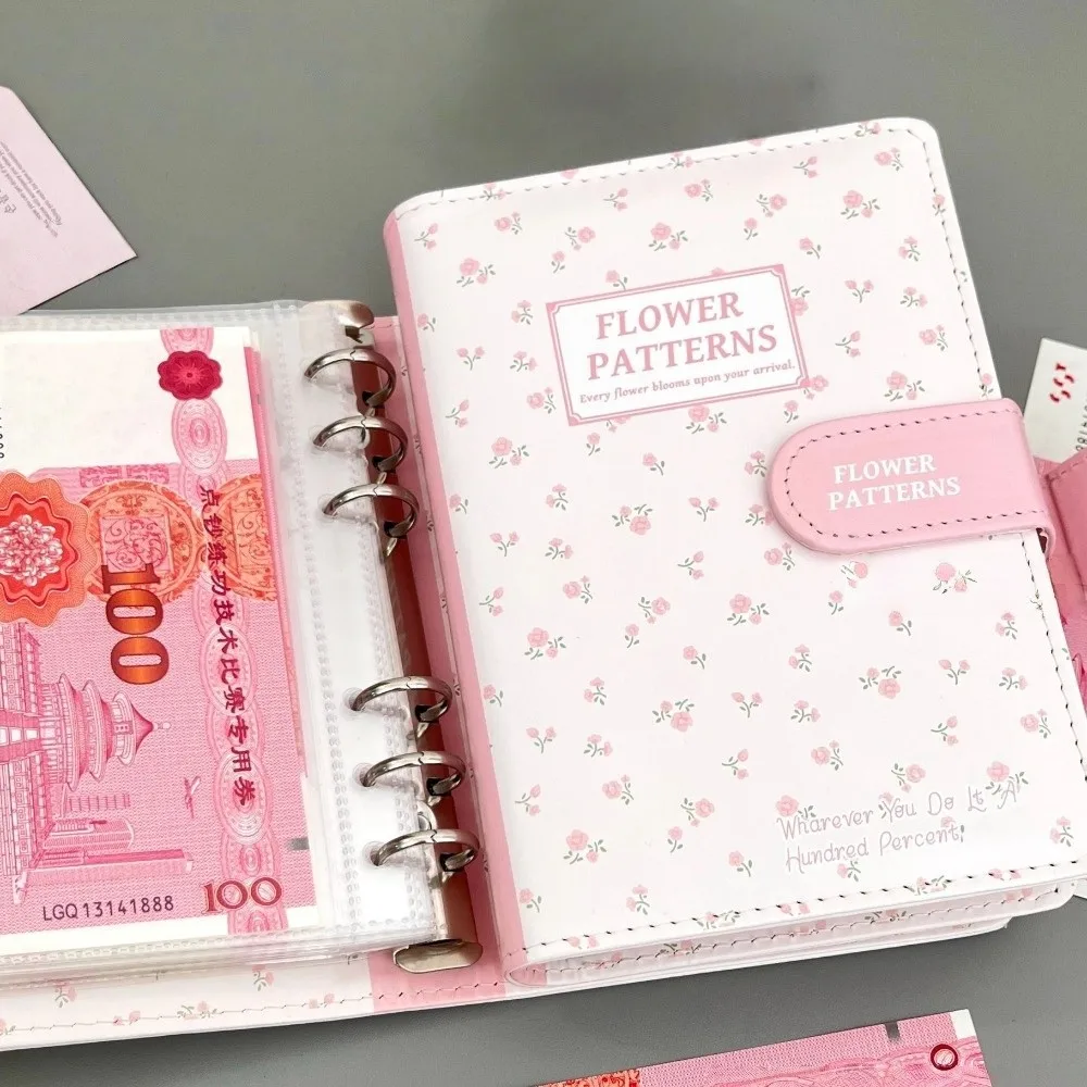 

New PU Leather Money Saving Binder Cute Flowers A6 Size Budgets Planner Clear Inner Pages Envelope Organizer Personal Finance