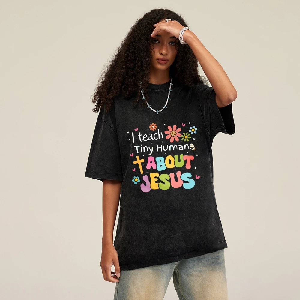 

Teach Jesus Tee Distressed Colorful Floral Slogan Print Casual Loose Short Sleeved Summer Evangelical Comfortable Top