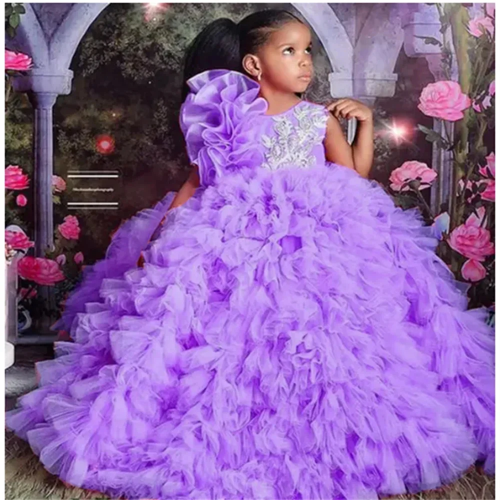 

Flower Girls Dress For Wedding Luxury Purple Tulle Puffy Applique Organza Pageant for Little Girl Princess First Communion Dress