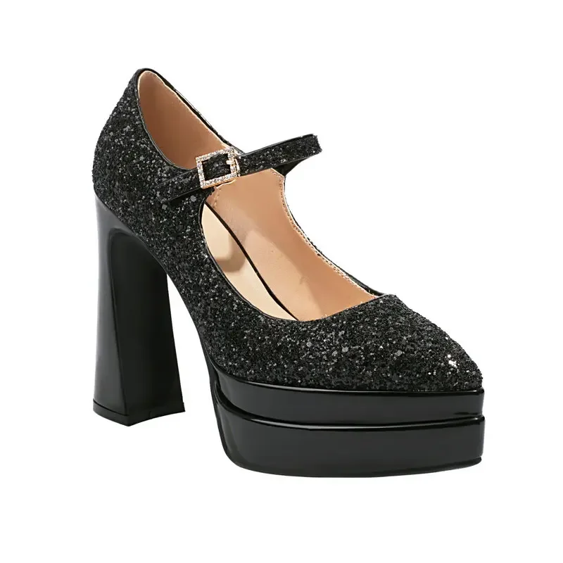

Genuine Sheepskin Leather Insole Chic Wedding Bride Thick High Heeled Shoes Glitter Bling Shiny Platform Mary Janes Pumps Heels