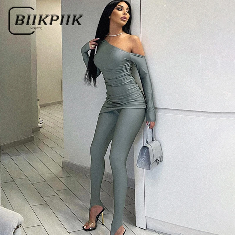 BIIKPIIK Sexy Solid Off Shoulder Women Sets Clubwear Skinny Skew Collar Suits Attractive Fashion Outfits Midnight Party Concise