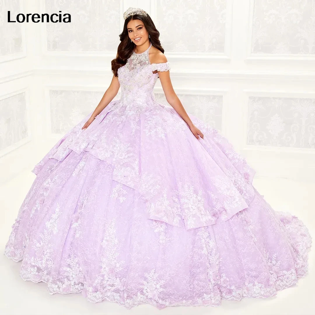 Lorencia Lilac Quinceanera Dress Ball Gown Halter Lace Applique Beaded Crystal Mexican Sweet 16 15 Vestidos De 15 Años YQD778