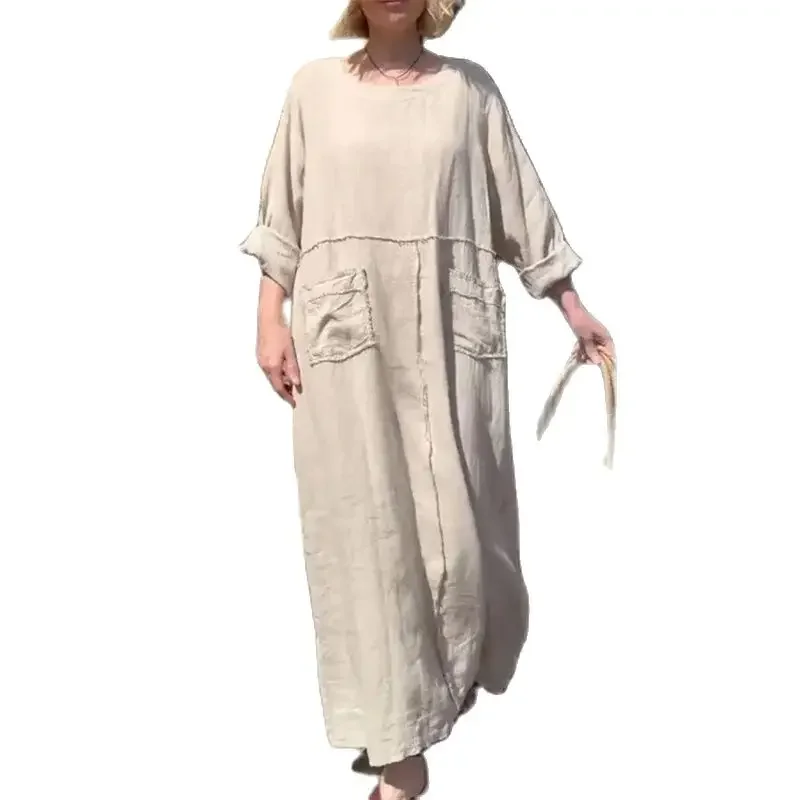 Simple Style Solid Color Cotton Linen Dresses Women Dress Double Pocket Patchwork Long Gown Comfortable Casual Female Frock 2024