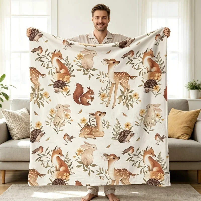 Decorative Woodland Animal Print Throw Blanket Fleece Throw Cozy Boho Forest Nursery Decor for Home Use
