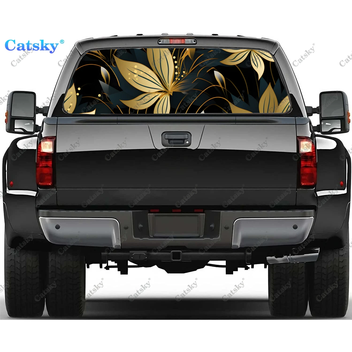 Golden Antique Floral Pattern Rear Window Decal Fit Pickup,Truck,Car Universal See Through Perforated Back Windows Vinyl Sticker