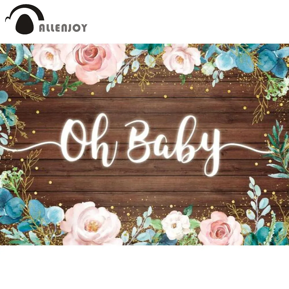 

Allenjoy Oh Baby Shower Background Wood Flowers Gold Dots Rustic Birthday Party Newborn Leaves Banner Decor Photozone Backdrop