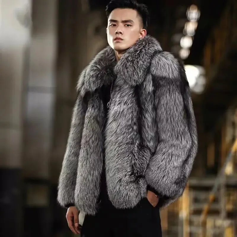 2023 Autumn Winter Men's Silver Fox Hair Short Fashion Casual Style Coat Thickened Warm Fur  Sweater Jacket  A224