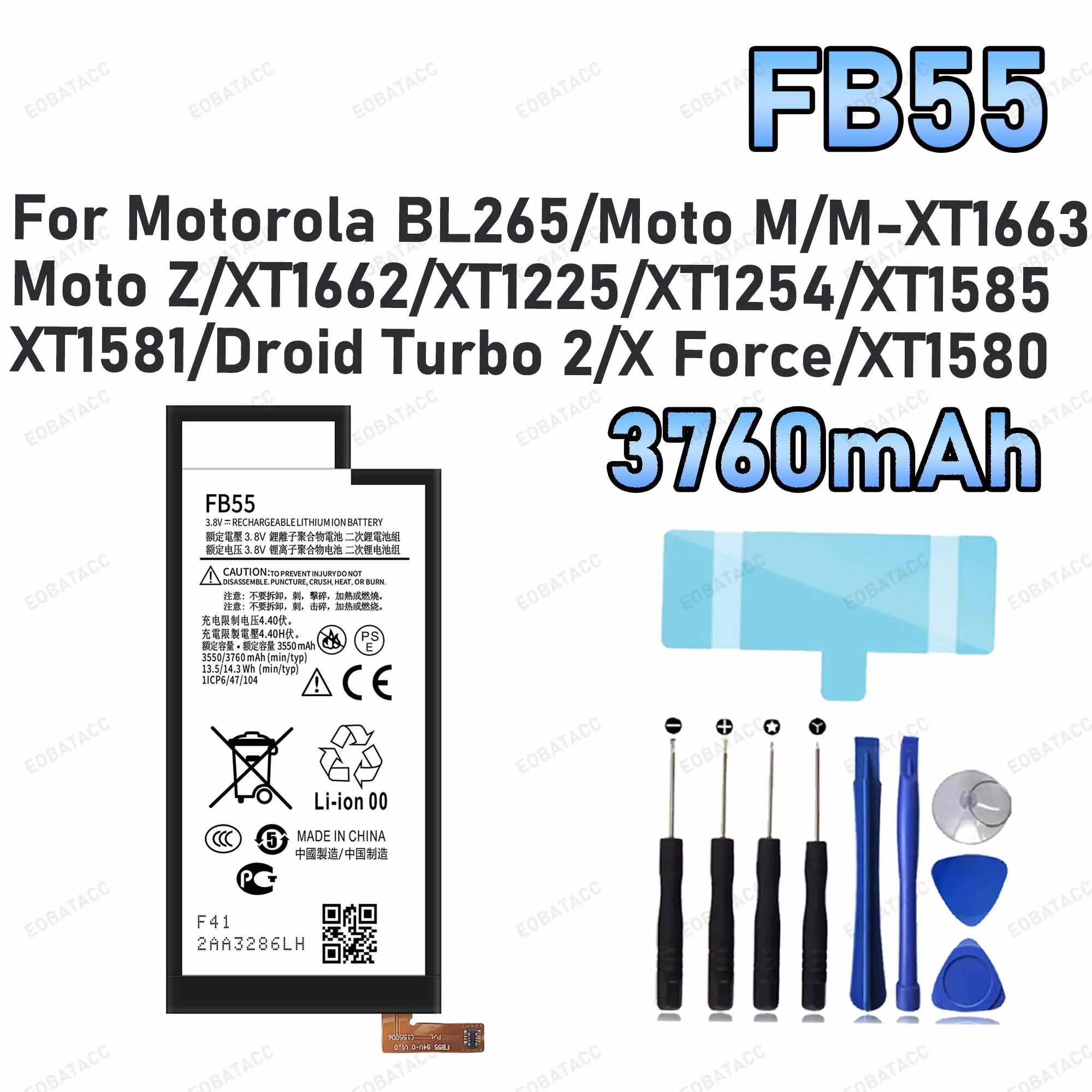 3760mAh FB55 Replacement Battery for Motorola Moto M/Z/X Force battery Repair Tools Kit