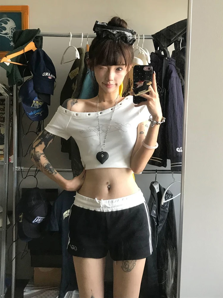 Schulterfreies T-Shirt für Damen, O-Ausschnitt, rund, alternativer Stil, normales Basic-Design, modisch, schlicht, lässig, für Damen, Mädchen, Mädchen