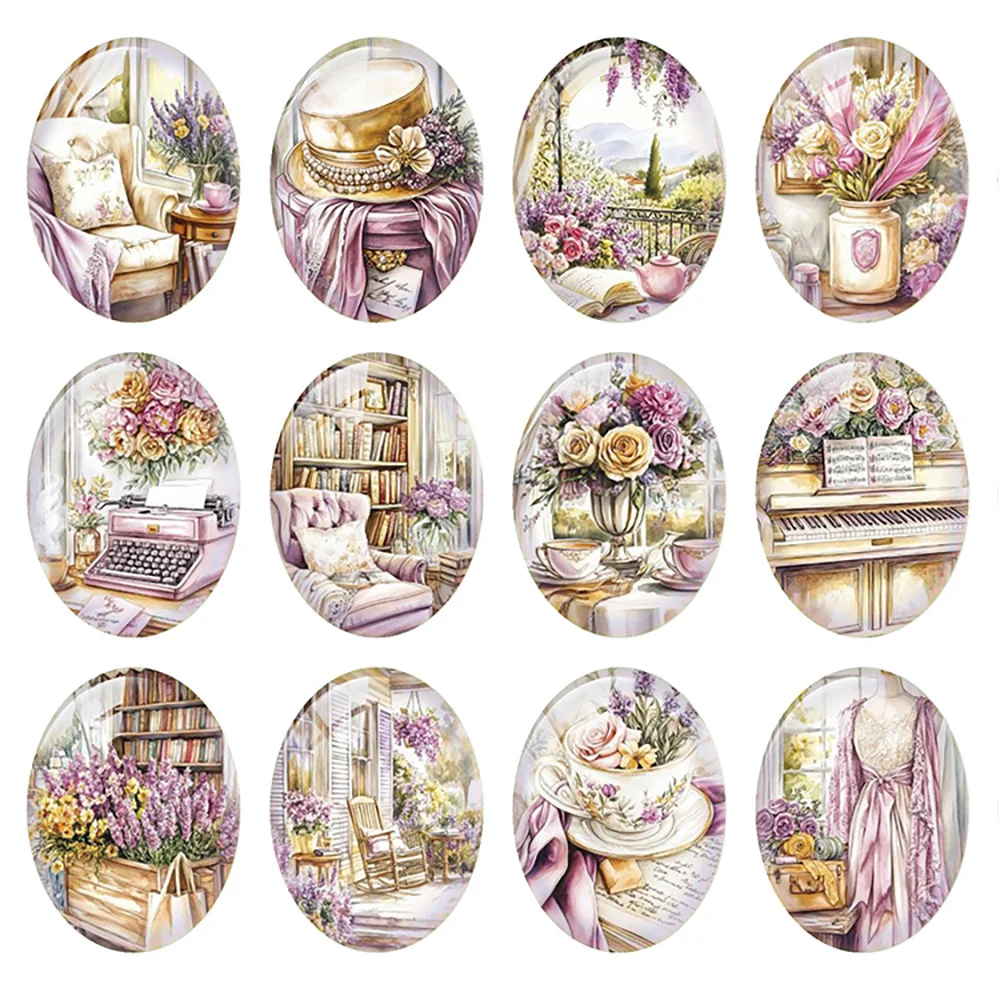 Random Mixed Round/Oval/Square Home House Flower Photo Glass Cabochon Flatback Demo Cameo For Diy Jewelry Making