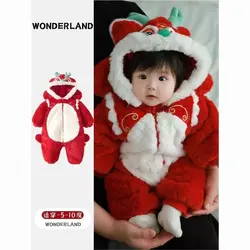 Cute Chinese Loong Red Baby One Piece Bodysuit New Year Dress Baby Winter Plush Onesie Jumpsuit Romper Babysuit