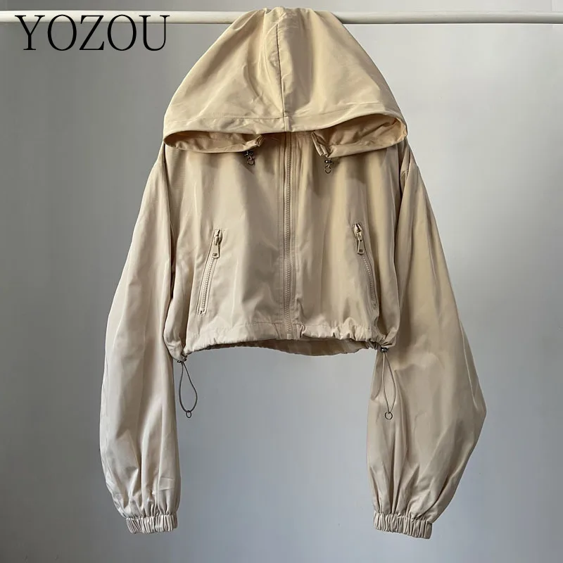 [YOZOU] Autumn Gorpcore Cargo Stylish Black Hooded Cropped Top Windbreaker Women Zipper Bomber Jacket Coat Pink Green Beige