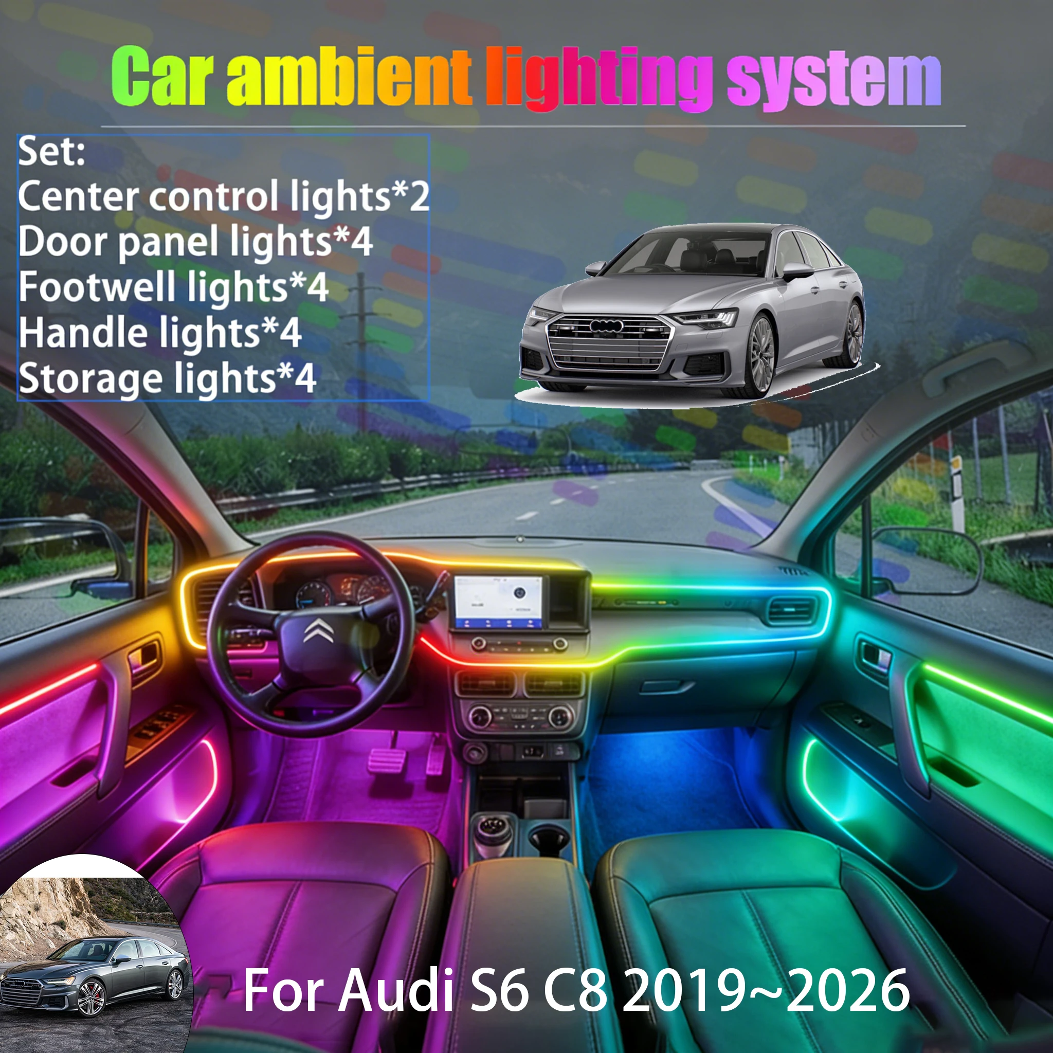 

Для Audi S6 C8 2019~2026 MK5 2/18: Комплект светодиодной подсветки салона и багажника (USB RGB) с эффектом бегущих огней, автозапчасти