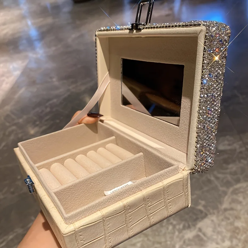 Luxury Rhinestone Earring Ring Necklace Storage Box Holder Organizer Jewelry Display Travel Leather Jewelry Case Storage Box