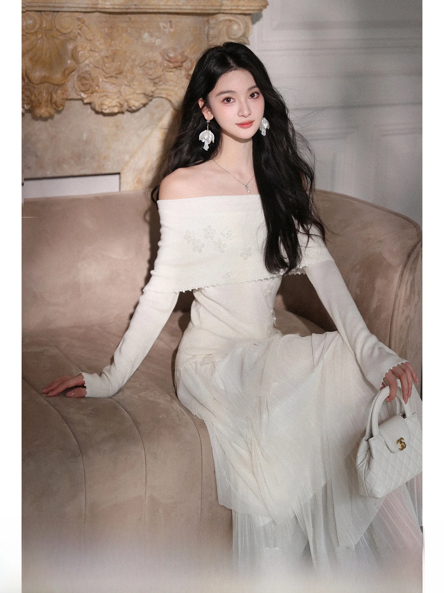 

Pure Desire Plum Blossom Knitted White Long Sve One oulder Slim Fit Women's Top French Sle Casual Daily Wear