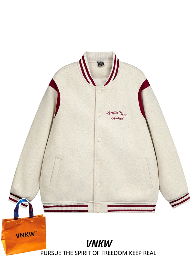 

Vnkw American Retro Embroidered Color Blo Woolen Baseball Jaet Loose Casual Thiened Outerwear for Couples Autumn Winter