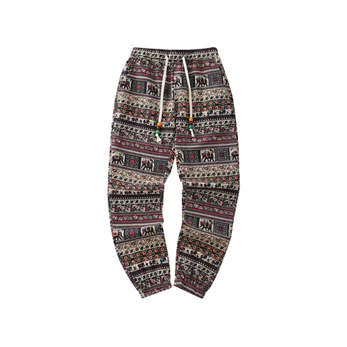 Pantalones ligeros transpirables con estampado gráfico de estilo étnico con cordón informal para hombre de mezcla de algodón con bolsillos para actividades al aire libre