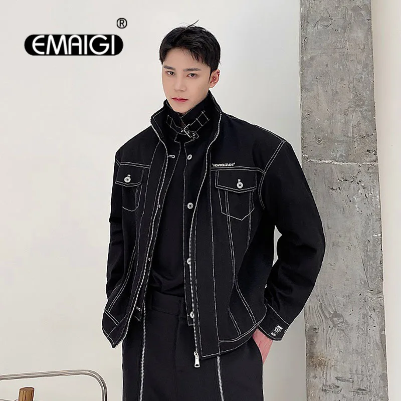 

Men Women Double Placket Stand Collar Wide Shoulders Loose Casual Vintage Fashion Jacket Male Streetwear Hip Hop Coat Outerwear