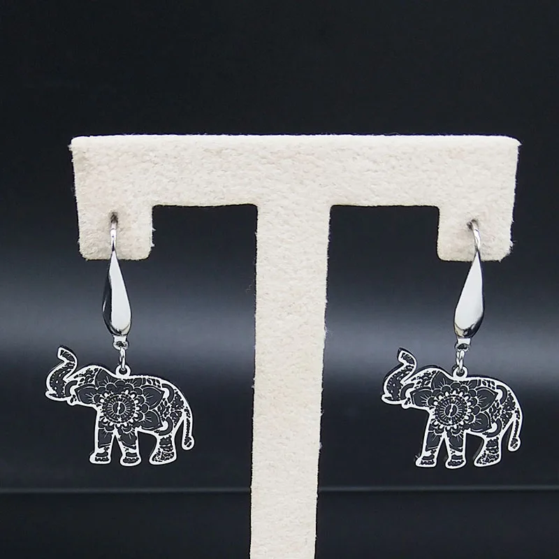 Elephant Stainless Steel Dangle Earrings Women Black Enamel Animal Earrings Jewelry pendientes acero inoxidable mujer E2036S02