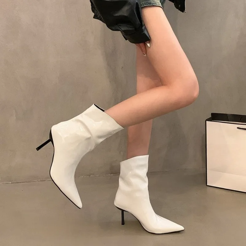 

New Women's Boots Fashion Patent Leather Ankle Boot Exquisite Pointed Tip High Heeled Boots for Woman Designer Shoes Botas Mujer