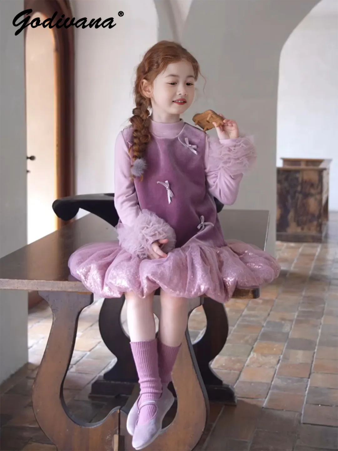 Baby Girls Autumn 2026 New Birthday Party Princess Dress Set Kids Sweet French Sequin Bow Vest Dress Mesh Patchwork Bottom Shirt