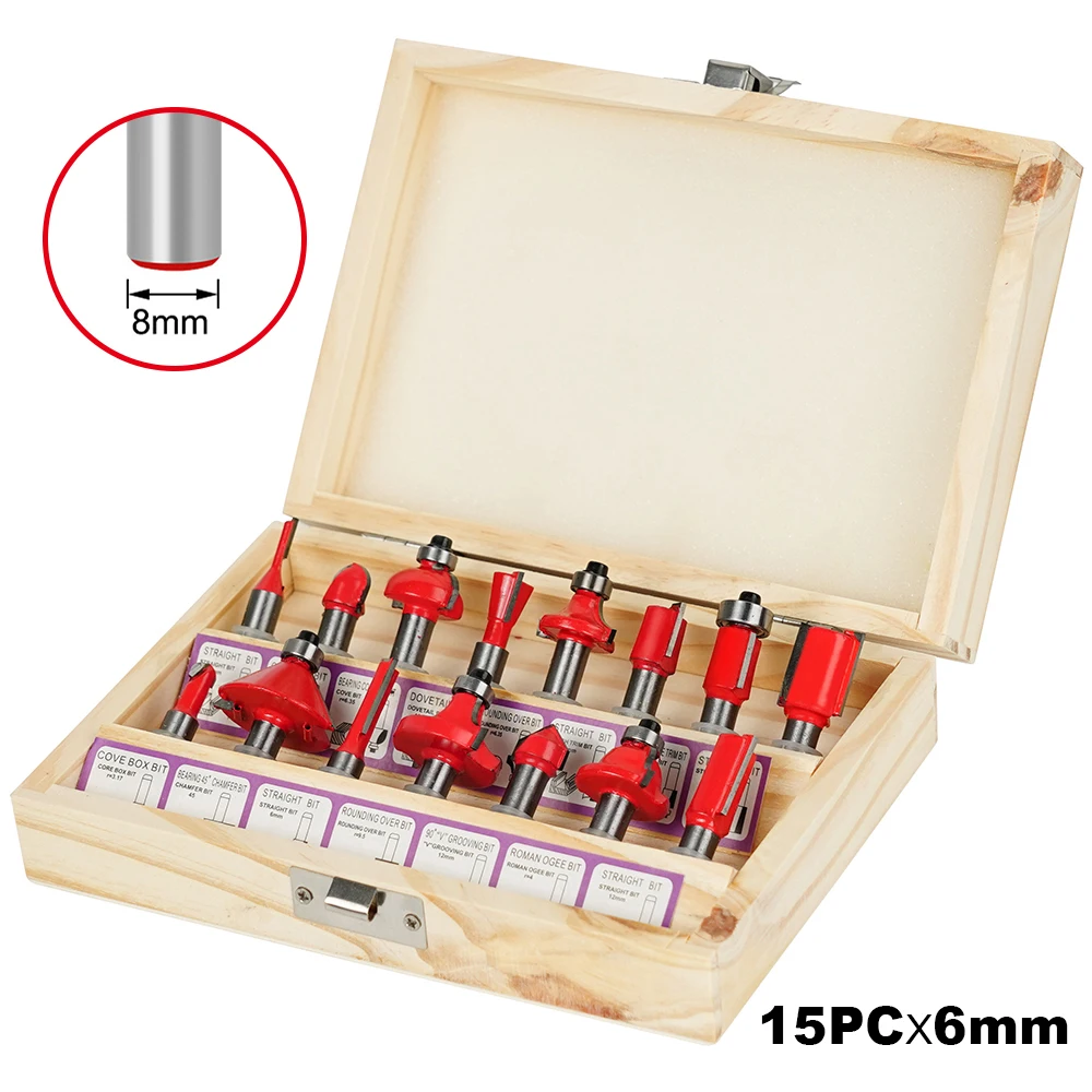 Straight Milling Cutter Set, serragem de tungstênio, acabamento em metal duro, madeira, corte Router Bit, Bit, 6mm, 15Pcs