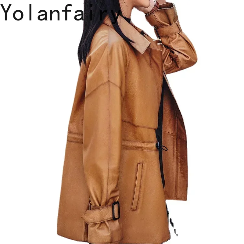 YOLANFAIRY سترة جلدية حقيقية المرأة معطف جلد الغنم المطبوعة فقاعة حزام من الجلد فضفاض المرأة معطف جلد ملابس كبيرة