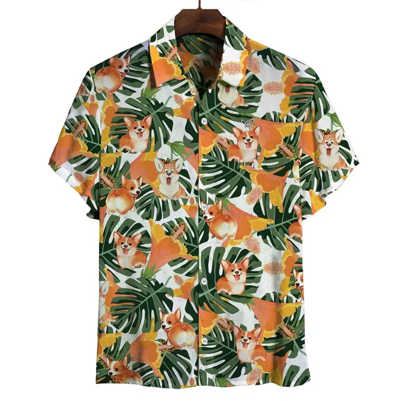 

Cartoon Corgi Dog Graphic Hawaiian Shirt For Man Summer 3d Printed Animal Pets Short Sleeves Street Tops Lapel Button Blouse