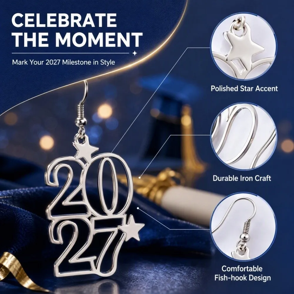 Elegant 2027 Digital Earrings Long Drop Metal Iron Happy New Year Earrings Hollowed-out Fashion Star Design Stud Earrings Travel