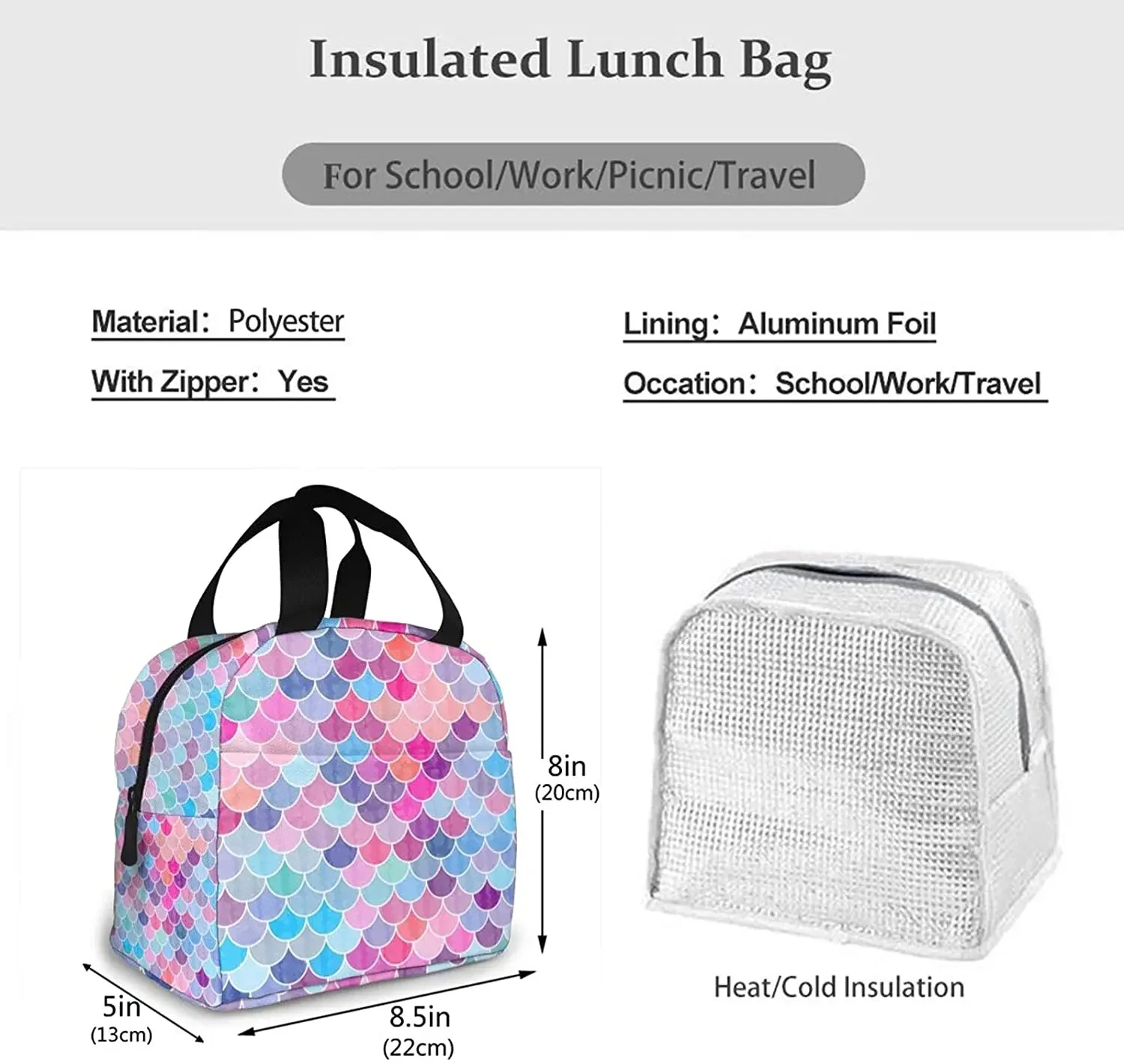 Colorful Tail Lunch Bag for Women Insulated Cooler Tote Reusable Lunchbox with Front Pocket Large Containers Work Picnic Fishing