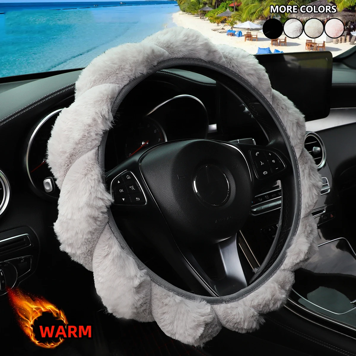 Winter Thermal Striped Long Plush Steering Wheel Cover for 14.5-15 Inch Cars Rimless Car Decoration Item for Women