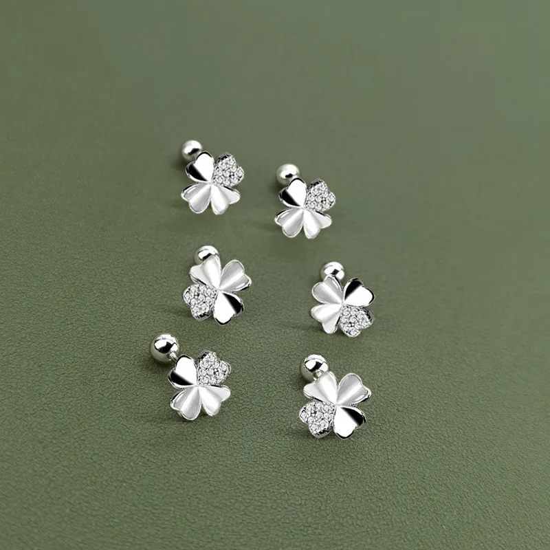 Fashion Hollow Zirconia Clover Earrings for Women Girls Small Exquisite Silver Color Daily Ear Piercing Jewelry Gifts