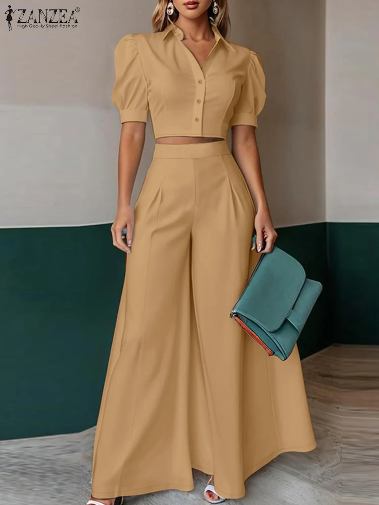 

ZANZEA Short Puff Sleeve Crop Tops Wide Leg Pants Pant Sets Office Commute Street Fashion Woman Stylish 2 Piece Sets 2PCS Outfit