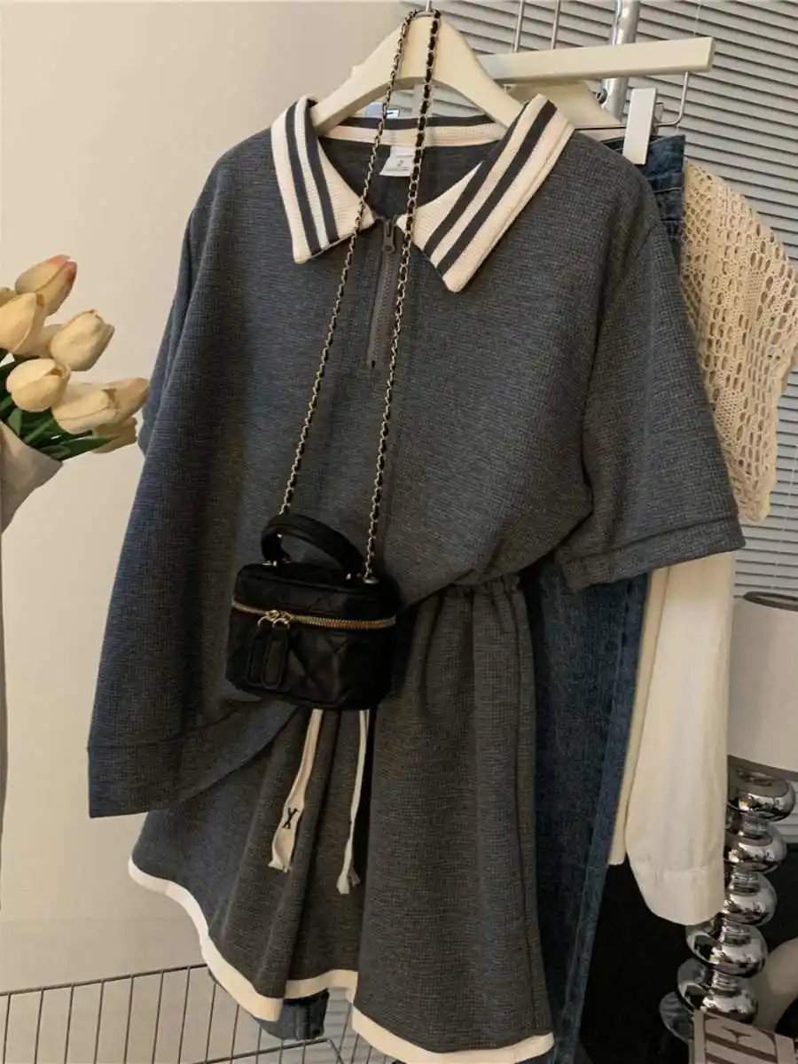 Casual Sport drehen-unten Kragen Zipper T-shirt Shorts Set Frauen Einfarbig Kurzarm Top Lose Shorts Anzug Sommer kleidung