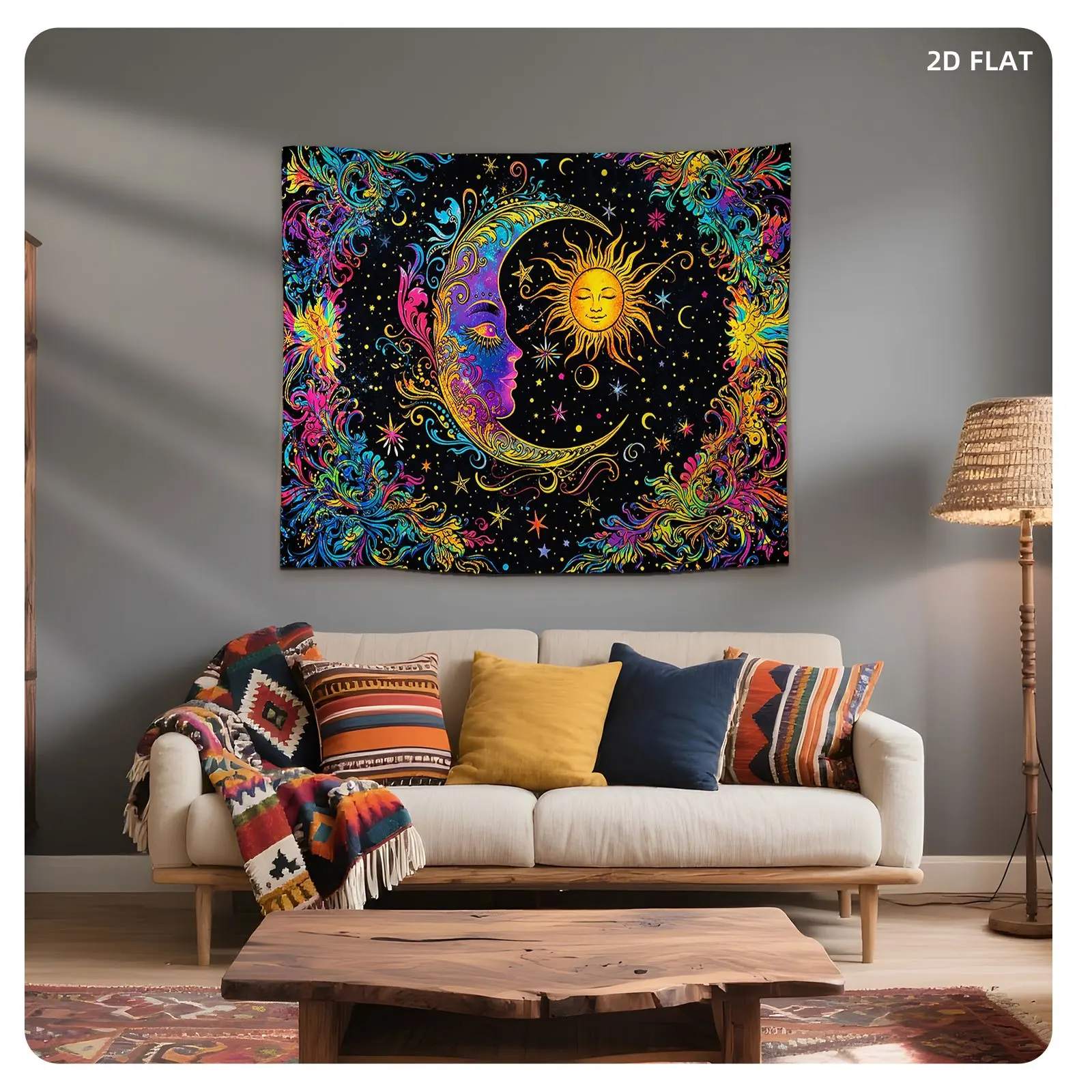 Bohemian Psychedelic Tapestry Wall Hanging Cosmic Moon Sun Art Decor Zodiac Astrology Polyester Fabric for Boho Living Room Home