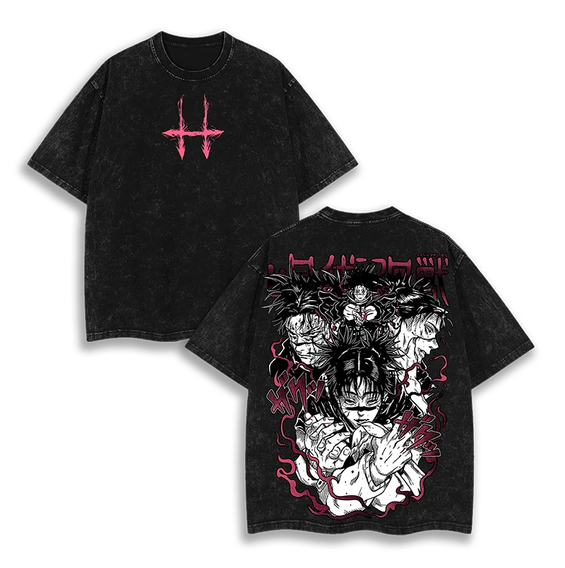 Jujutsu Kaisen حمض غسلها تي شيرت خمر المتضخم Y2k القطن لينة الشارع الشهير الرجال النساء ملابس قصيرة الأكمام المتضخم تيز