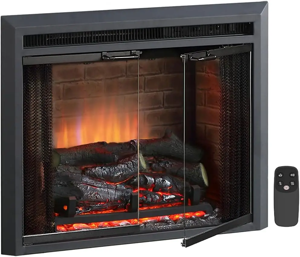 Electric Fireplace Insert with Fire Crackling Sound Glass Door and Mesh Screen,750/1500W,Black,22 13/16 Wide,20 1/16 Inches High