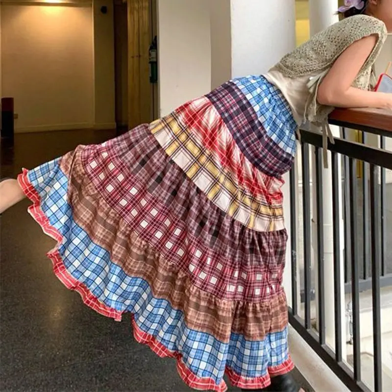 

Folk Vintage Plaid Patchwork Ankle Skirts Female Clothing Stylish Contrasting Colors Spring Summer A-Line High Waist Long Skirts