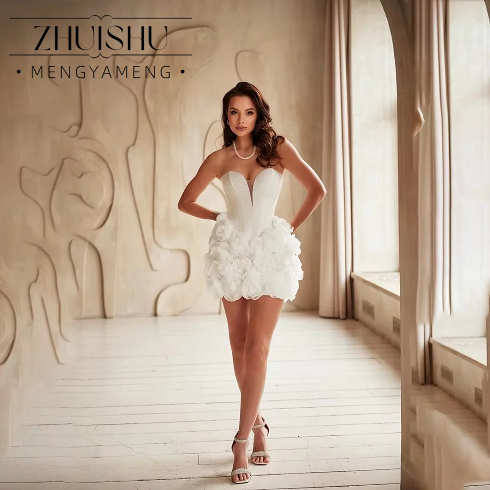Strapless Satin Corset Short Wedding Dress Deep V Neck 3D Floral Bridal Gown Lace Up Cocktail Reception Elopement Bridal Dresses