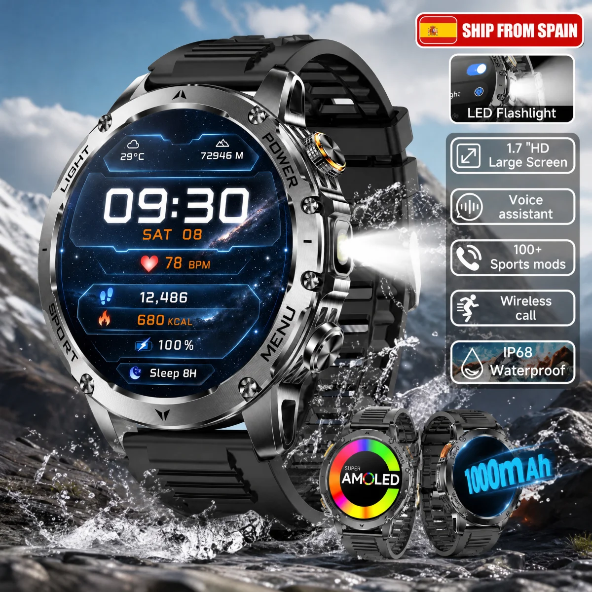 Orologio Intelligente Grado Militare per Uomini, Chiamata Bluetooth, Schermo IPS HD 1,85",110+ Modalità Sportive, Monitor Battito Cardiaco Sonno, Orologio Fitness Impermeabile Android iOS