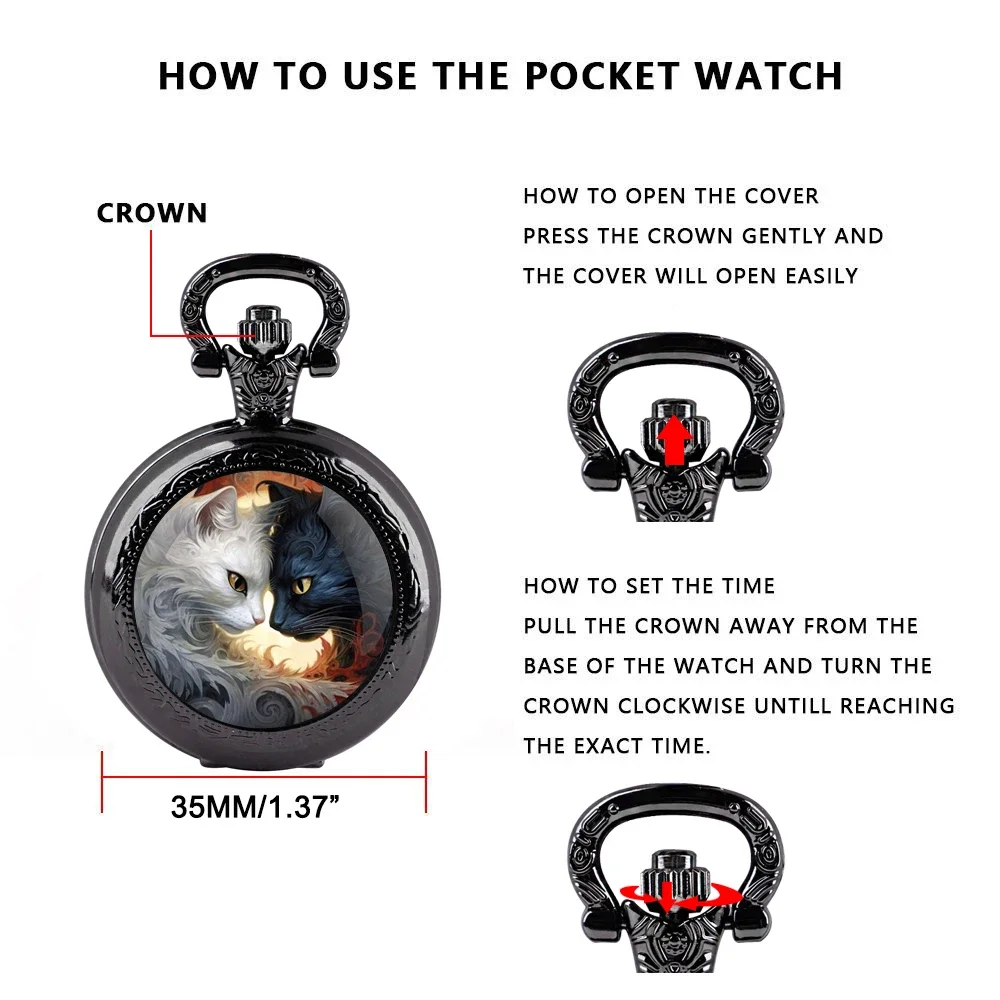 Relógio de bolso de quartzo com cúpula de vidro com padrão de gatos preto e branco com corrente resistente mostrador de numerais arábicos para homens e mulheres presentes requintados