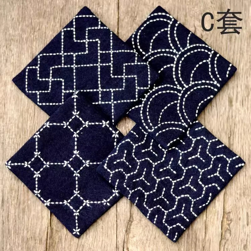 Sashiko Coaster DIY Kit, Set of 4 Embroidery Sewing Craft Supplies for Beginners 11x11 cm