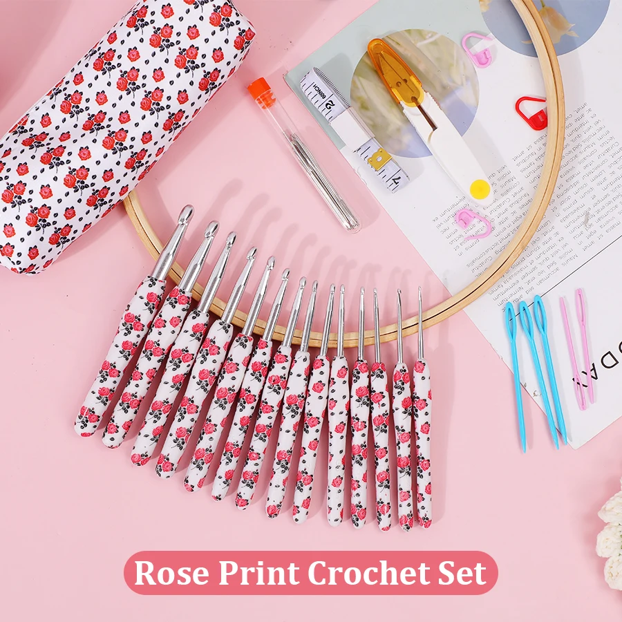 1PC Rose Print Handmade Soft Handle Sweater Crochet Tool  Crochet Hook Silicone Handle Aluminum Hand Knitting Needles Crocheting