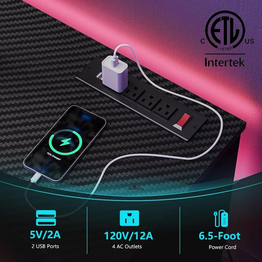 حامل تلفزيون 70 بوصة مع منافذ طاقة، مركز ترفيه LED لوحدات تحكم ألعاب PS5، حامل تلفزيون بأرفف زجاجية