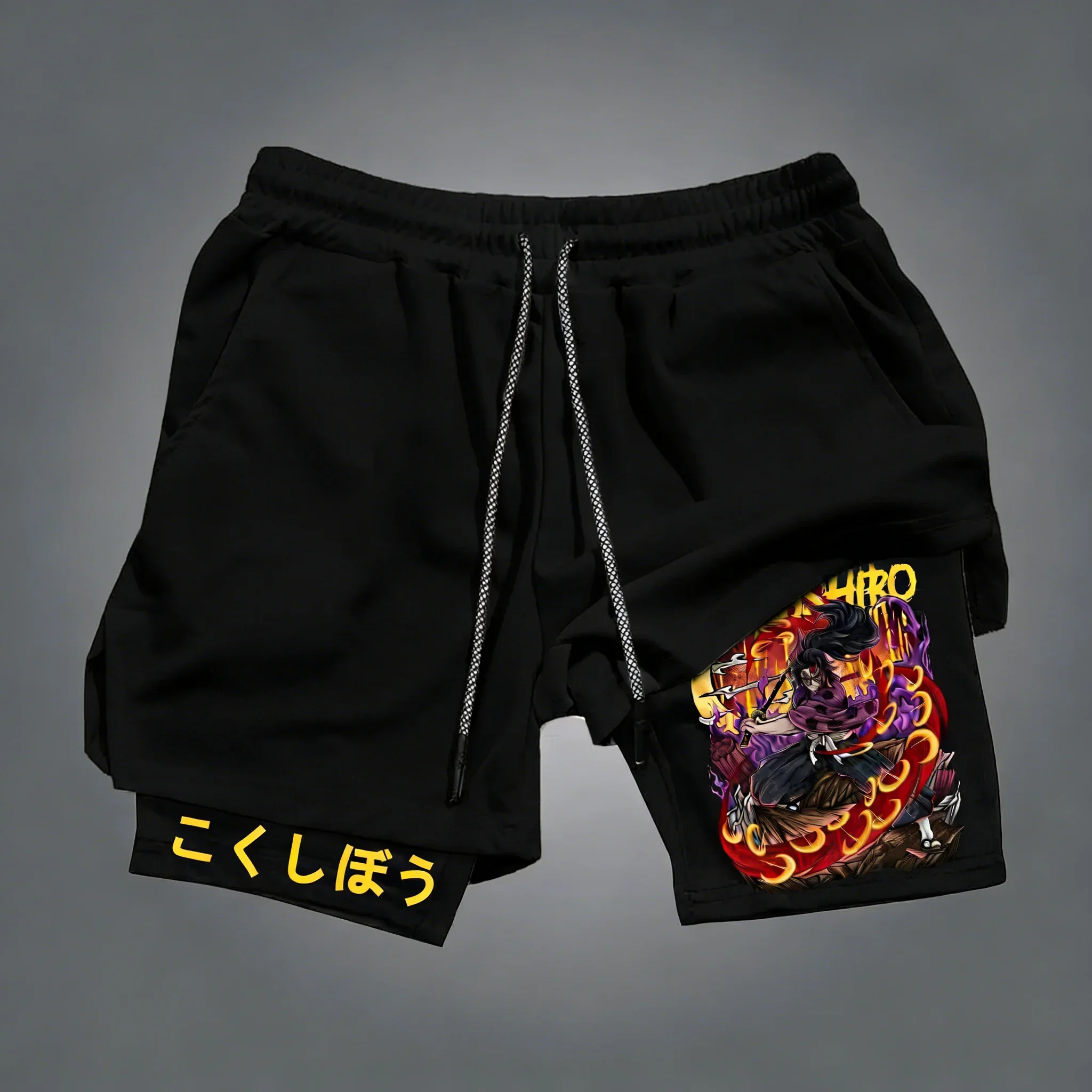 

Demon Slayer Anime 2-in-1 Shorts Unisex Summer Kokushibo Printed Street Sports Quick Drying Breathable Double-layer Shorts