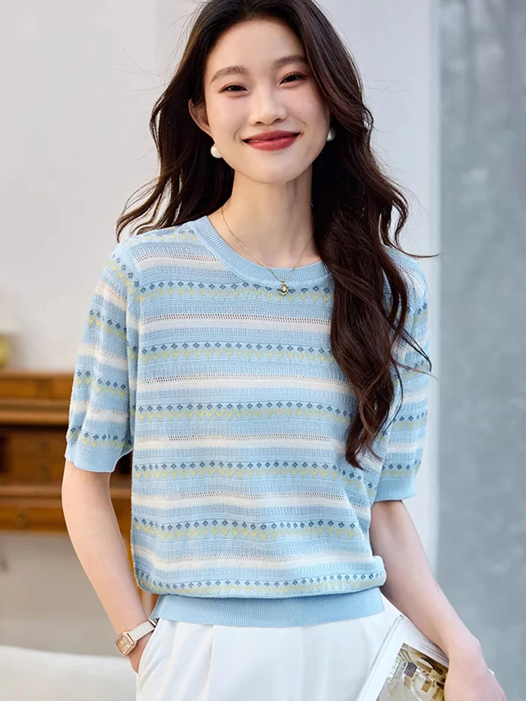 

Летний дышащий вязаный топ с круглым вырезом и коротким рукавом из ледяного шелка, с цветными блоками, приятный к телу, модный, в корейском стиле