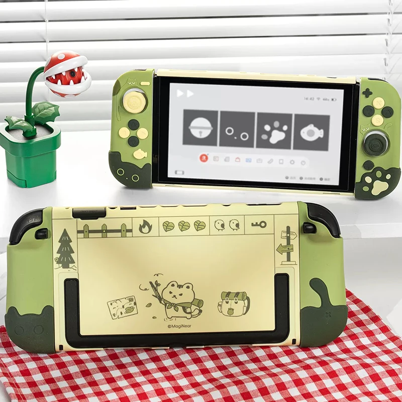 

Switch 2 Protective Shell Cute Meow Fantasy Tea Green Hard Shell & Silicone Grip Case for Nintendo Switch 2/Switch Oled Shell